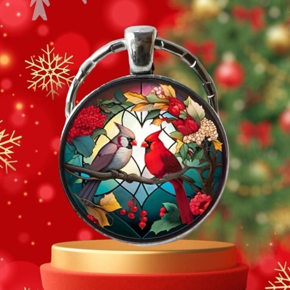 Cardinal Keychain Stained Glass Birds Motif Keyring Pendant Floral Multipurpose - Picture 13 of 15